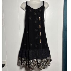 Raya sun Black Embroidered Midi Dress Leopard Lace Hem Wood Buttons Sz M Boho